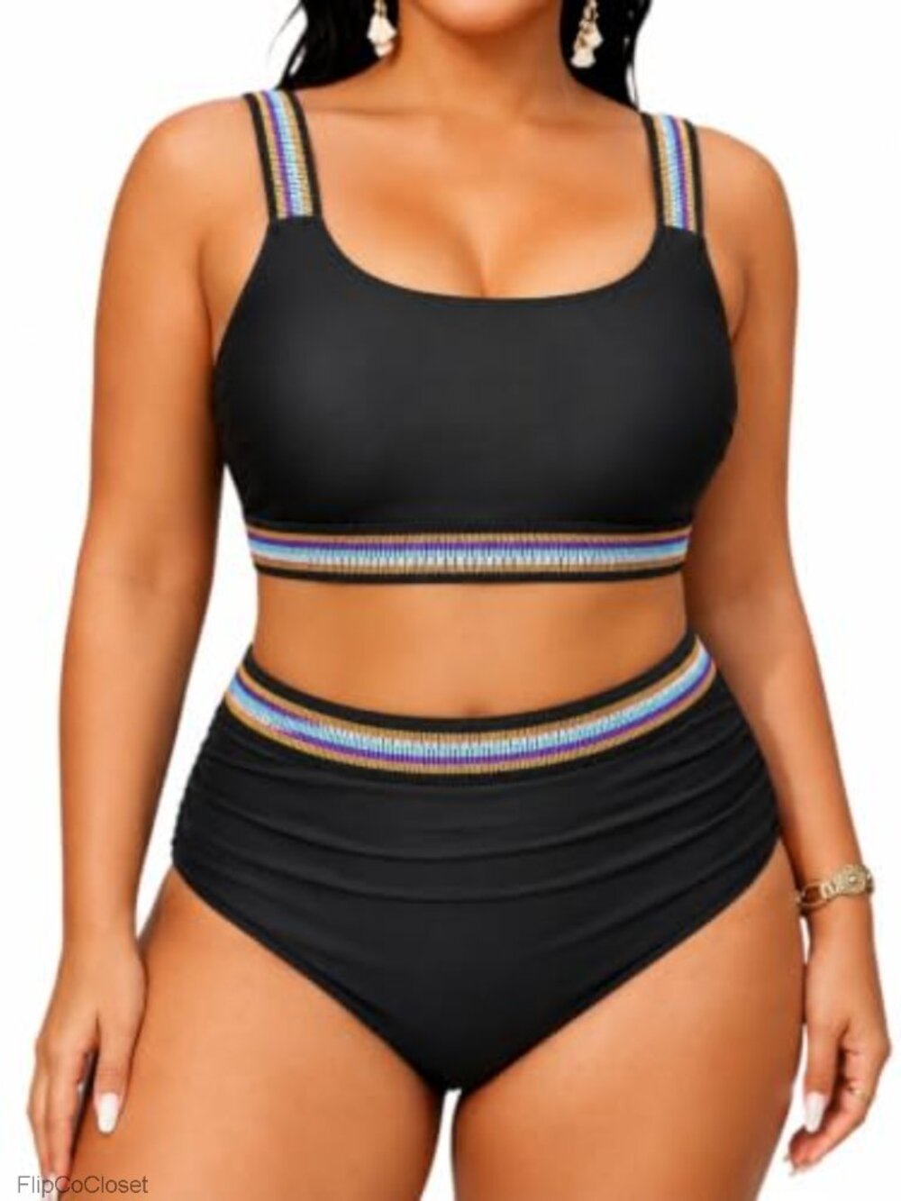 Plus Size High Waisted Bikini Set Scoop Neck Tummy Control Swimwear
